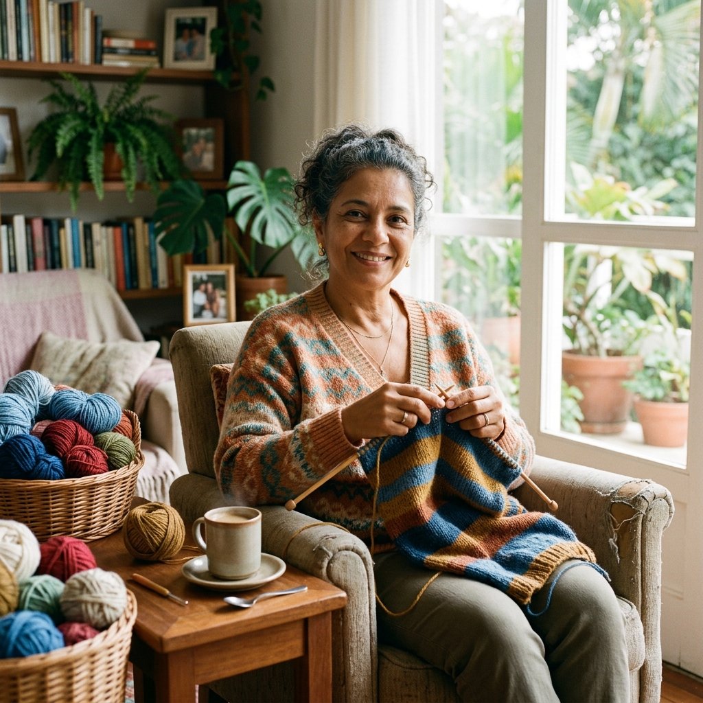 Mulher tricotando confortavelmente em casa